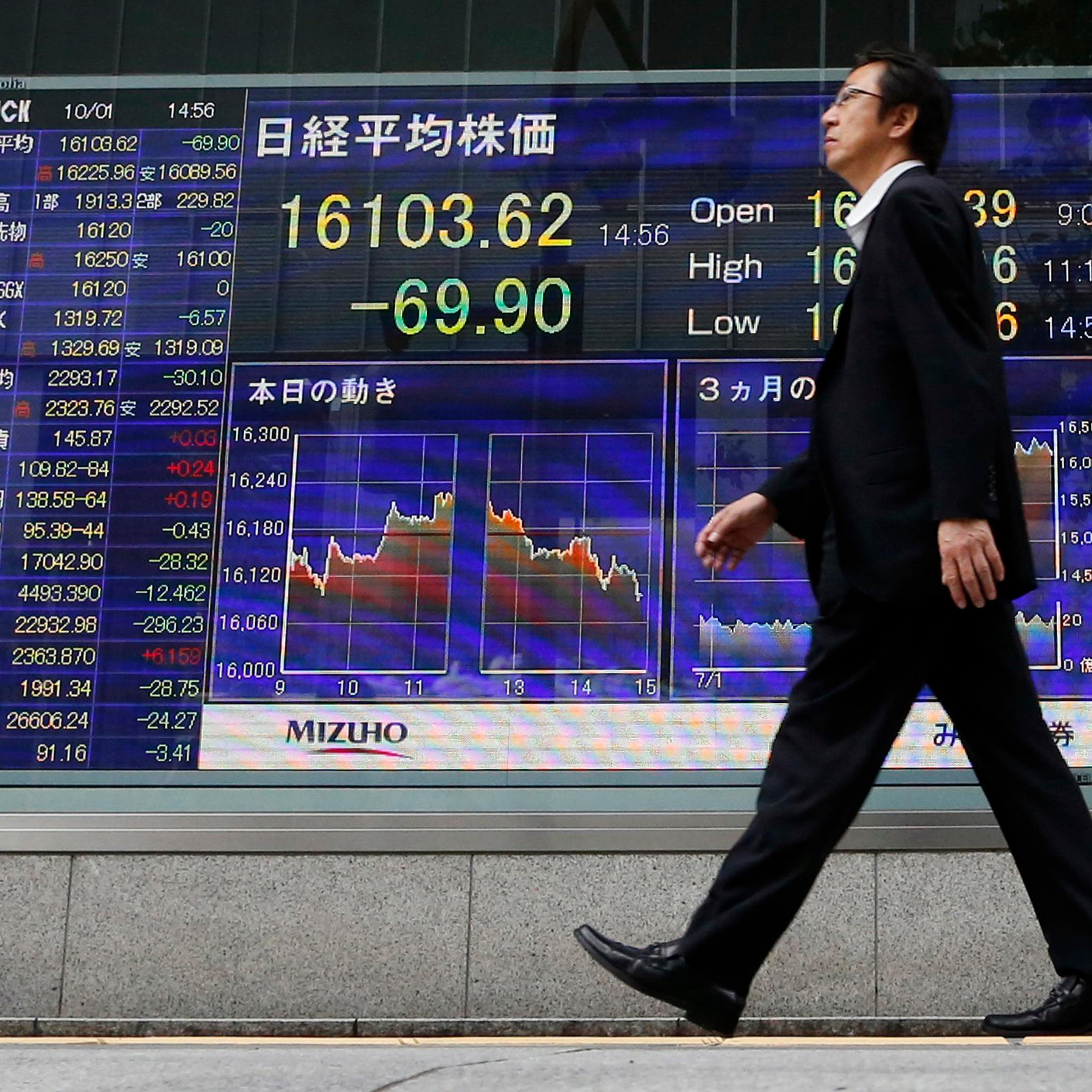 A businessman walk past an electronic stock board in Tokyo, Oct. 1, 2014.