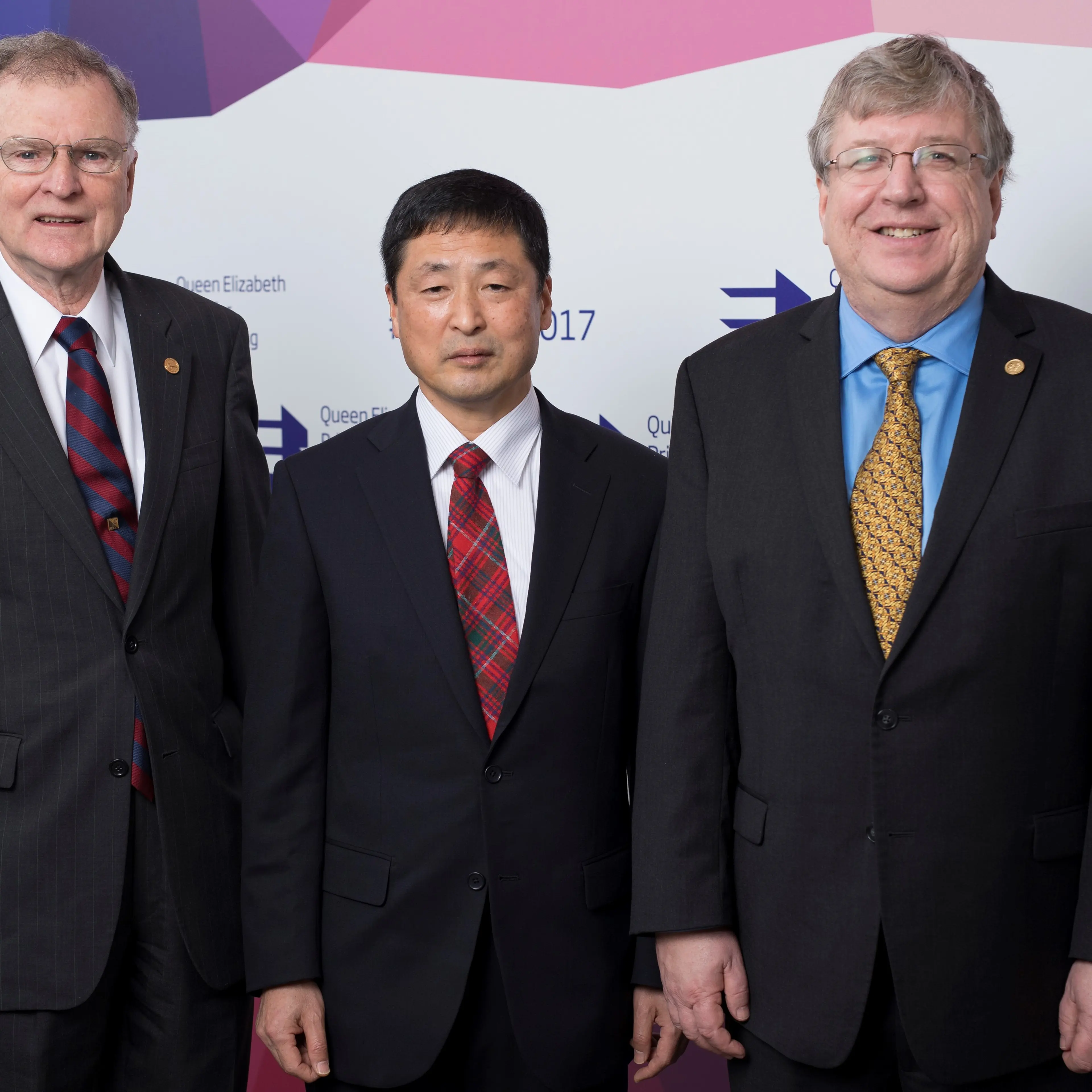 Winners of the Queen Elizabeth Prize for Engineering, announced in London on Feb. 1 2017. L-R: Michael Tompsett (UK) Eric Fossum (USA) and Nobukazu Teranishi (Japan). Along with George Smith (USA) they will share the £1million prize for combined contribution to digital imaging. Their inventions made the selfie possible