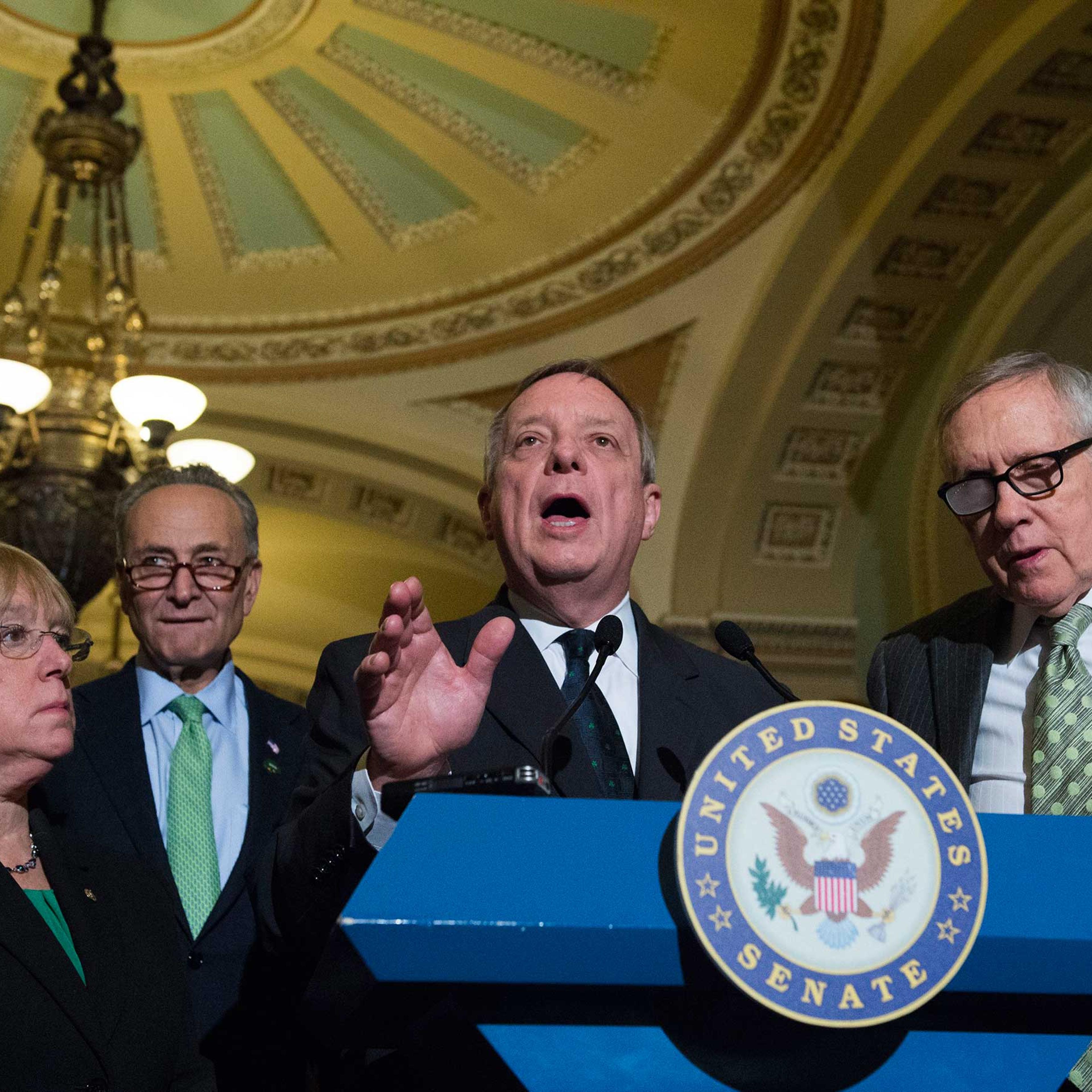 Senate Minority Whip Richard Durbin, D-Ill., speaks to reporters on Capitol Hill in Washington on March 17, 2015. From left are, Sen. Patty Murray, D-Wash., Sen. Charles Schumer, D-N.Y. Durbin, and Senate Minority Leader Harry Reid of Nev.