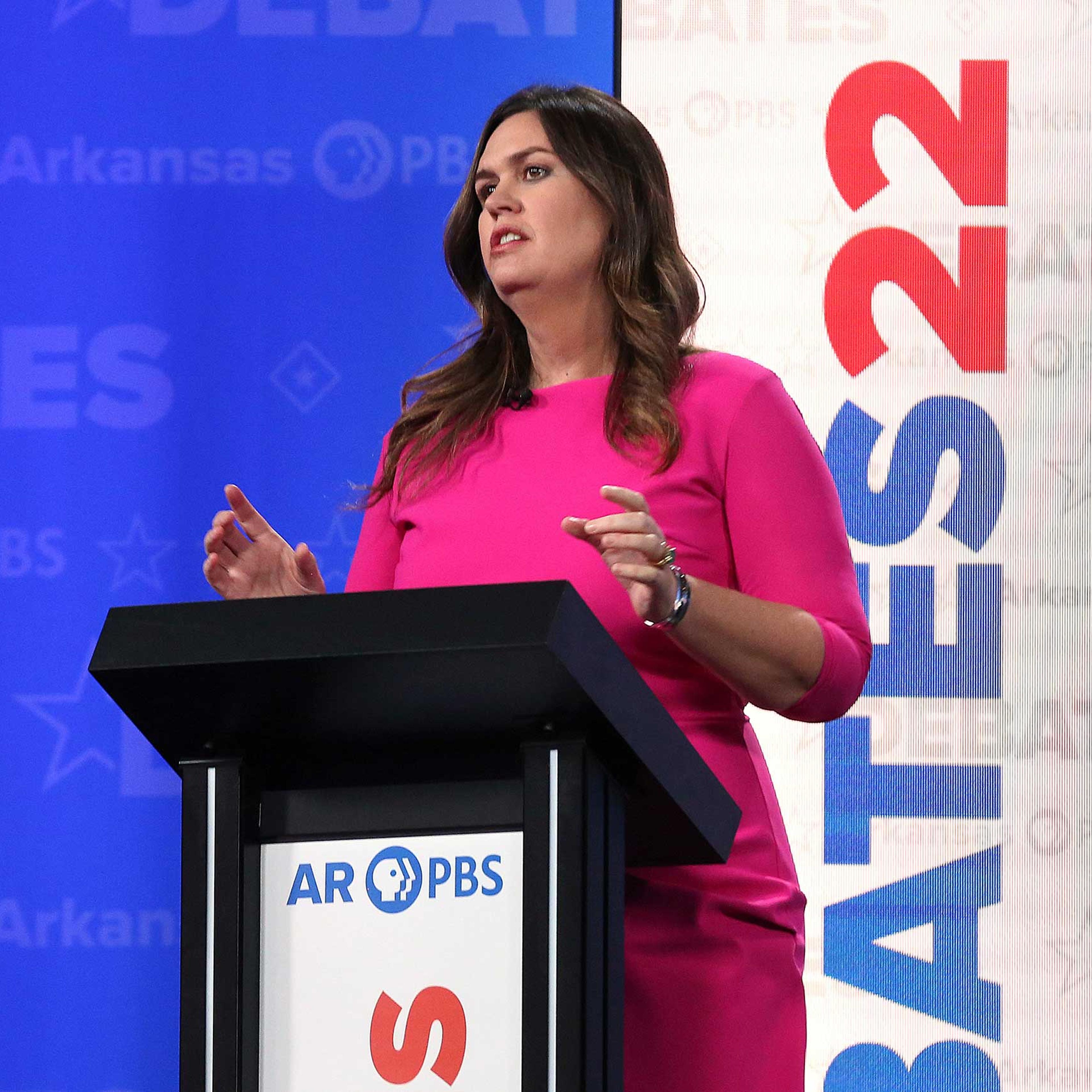 Republican gubernatorial candidate Sarah Huckabee Sanders answers a question during the Arkansas PBS gubernatorial debate on Friday, in Conway, Ark. on Oct. 21, 2022.