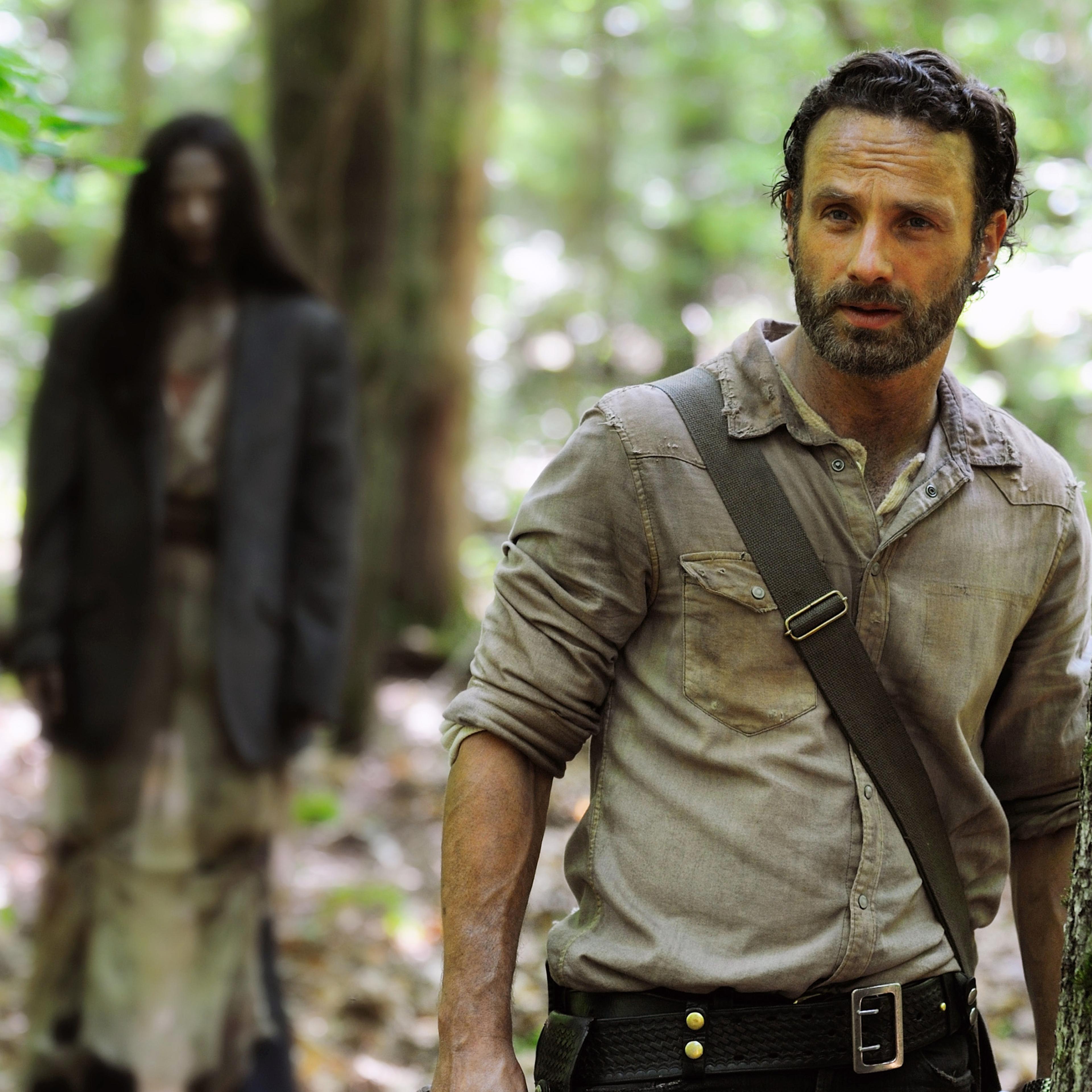 Andrew Lincoln as Rick Grimes in a scene from the season four premiere of "The Walking Dead."