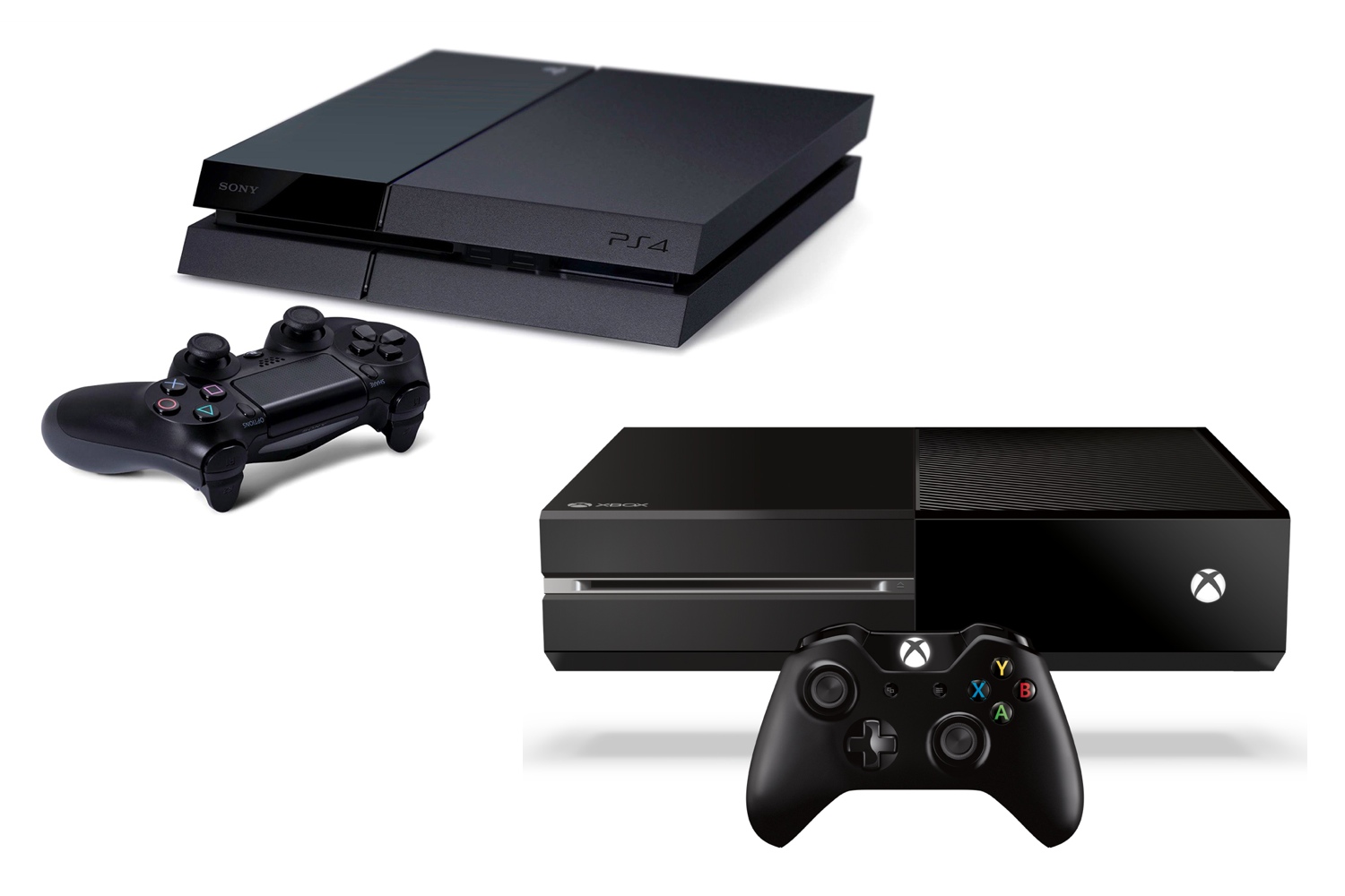 Sony's PlayStation 4 (upper-left) and Microsoft's Xbox One (lower-right).