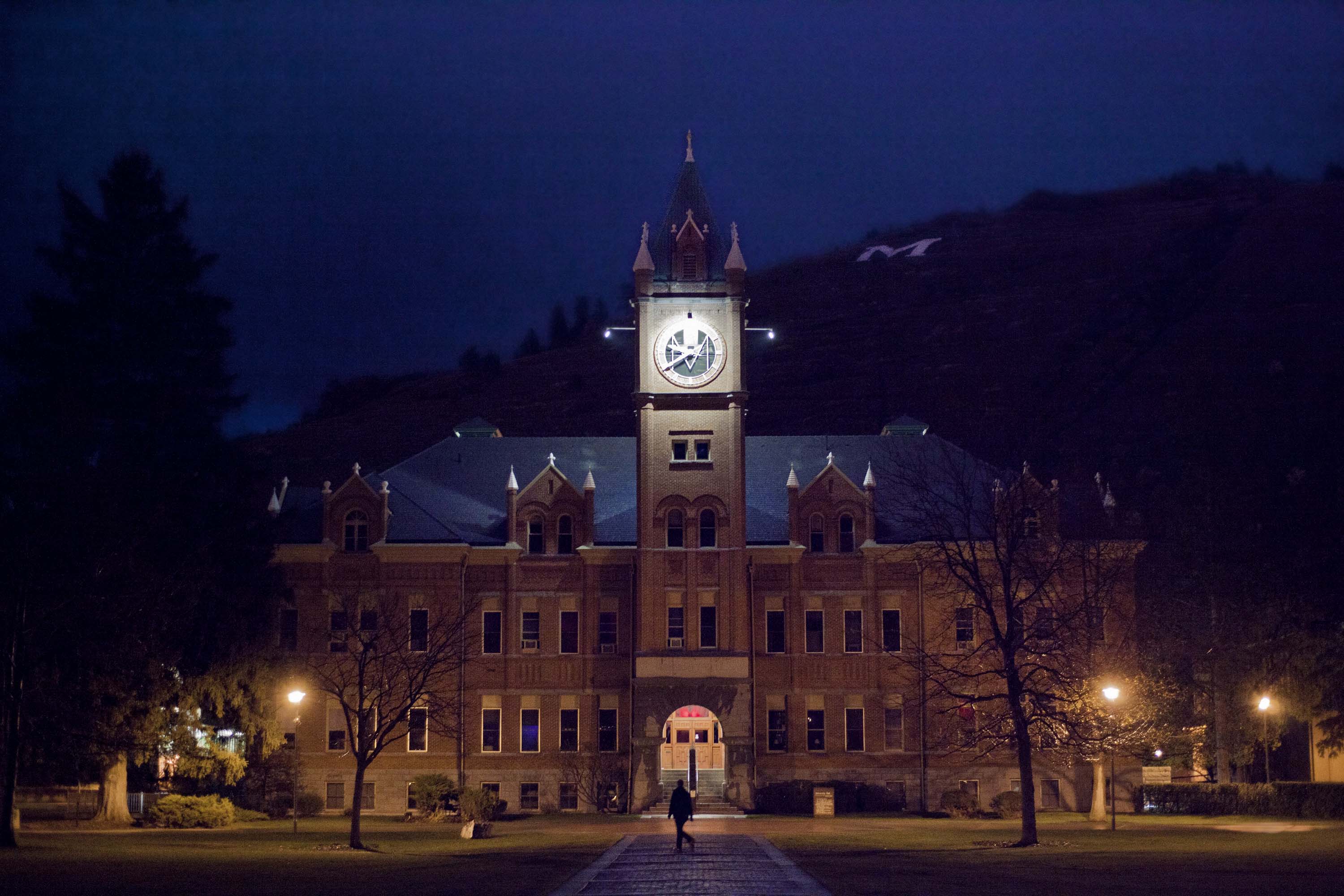 Under a spotlight University Hall at the University of Montana in Misssoula 