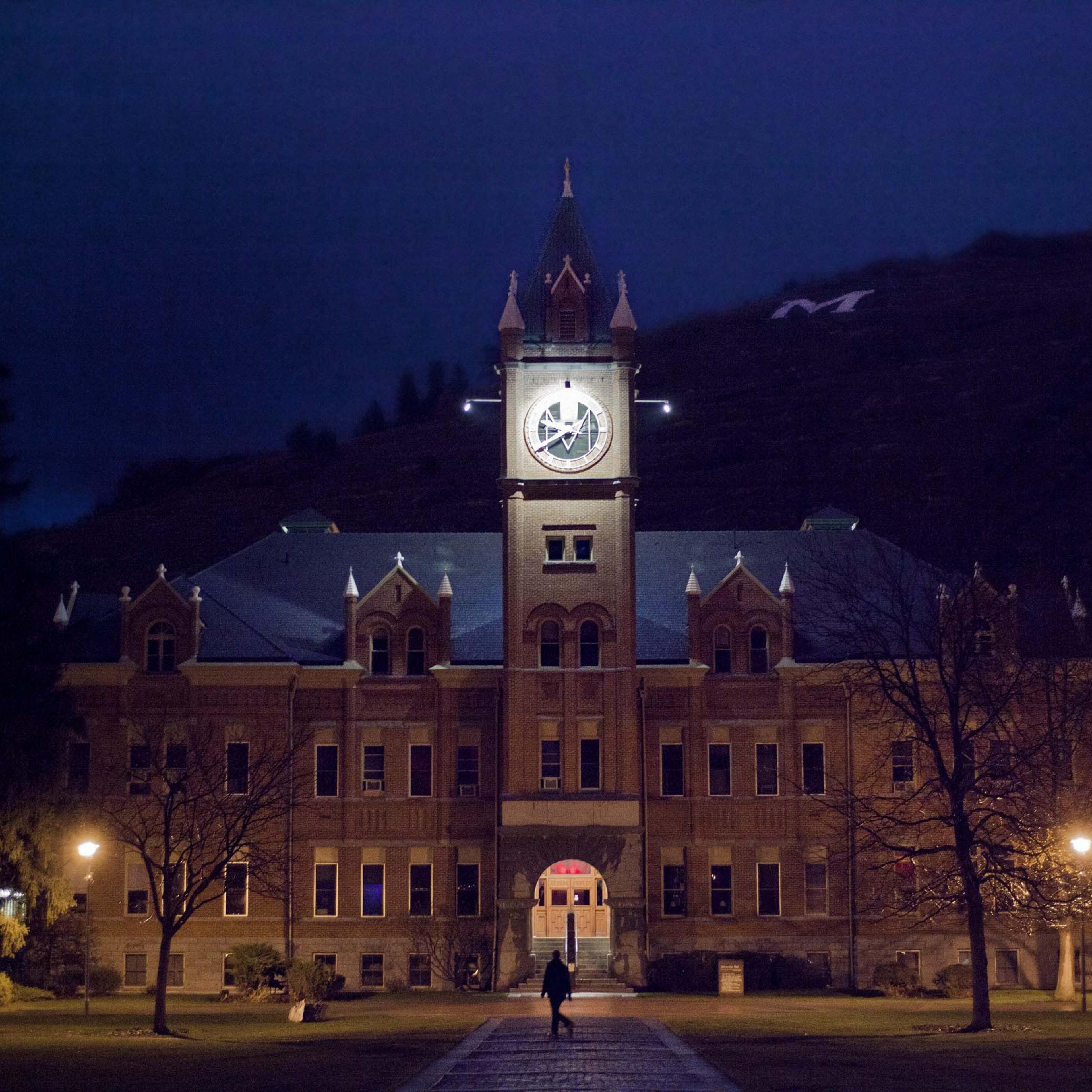 Under a spotlight University Hall at the University of Montana in Misssoula