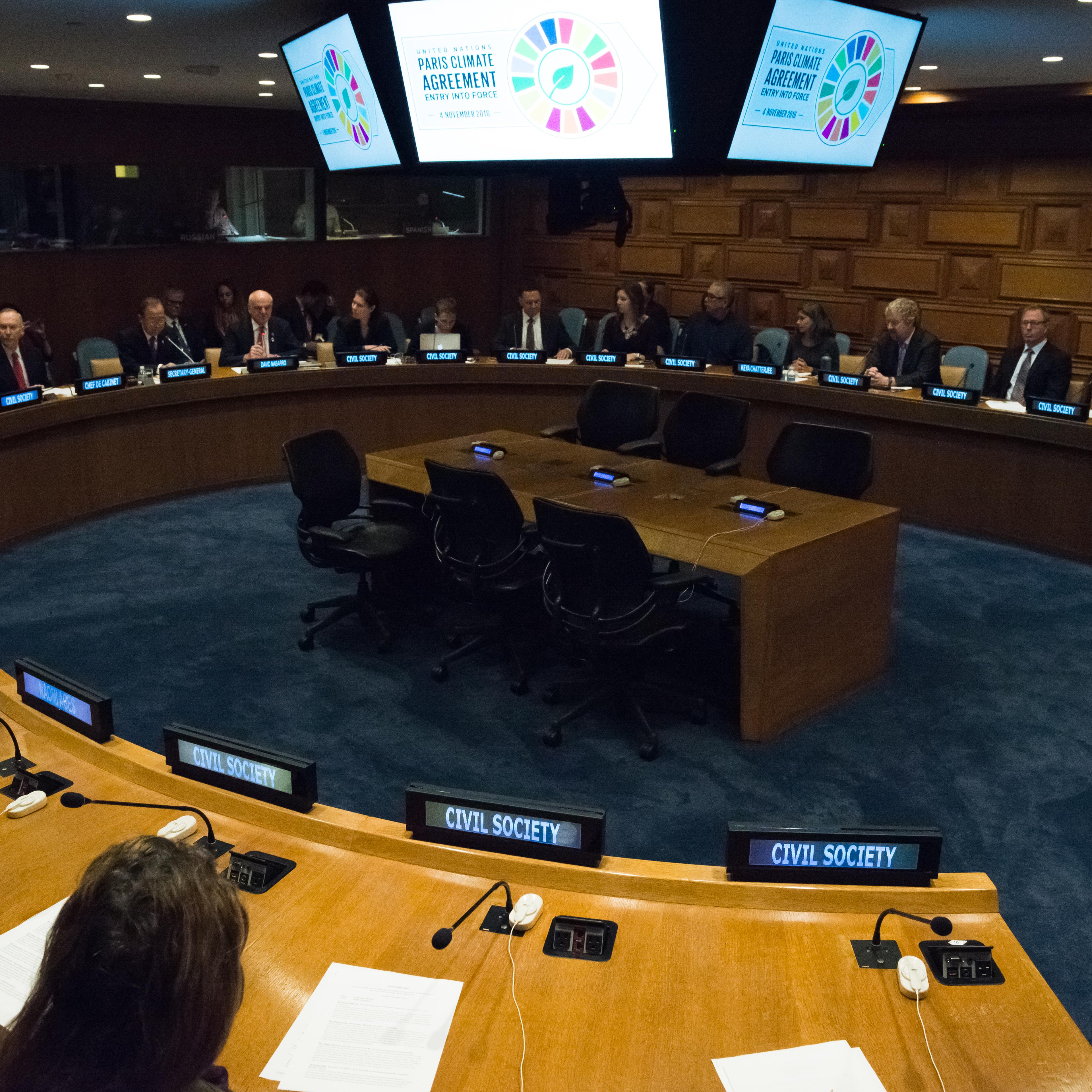 To mark the occasion of the Paris Climate Agreement's entry into force (November 4), United Nations Secretary-General Ban Ki-moon attended a meeting of civic society leaders in Conference Room 8 at UN Headquarters in New York City.
