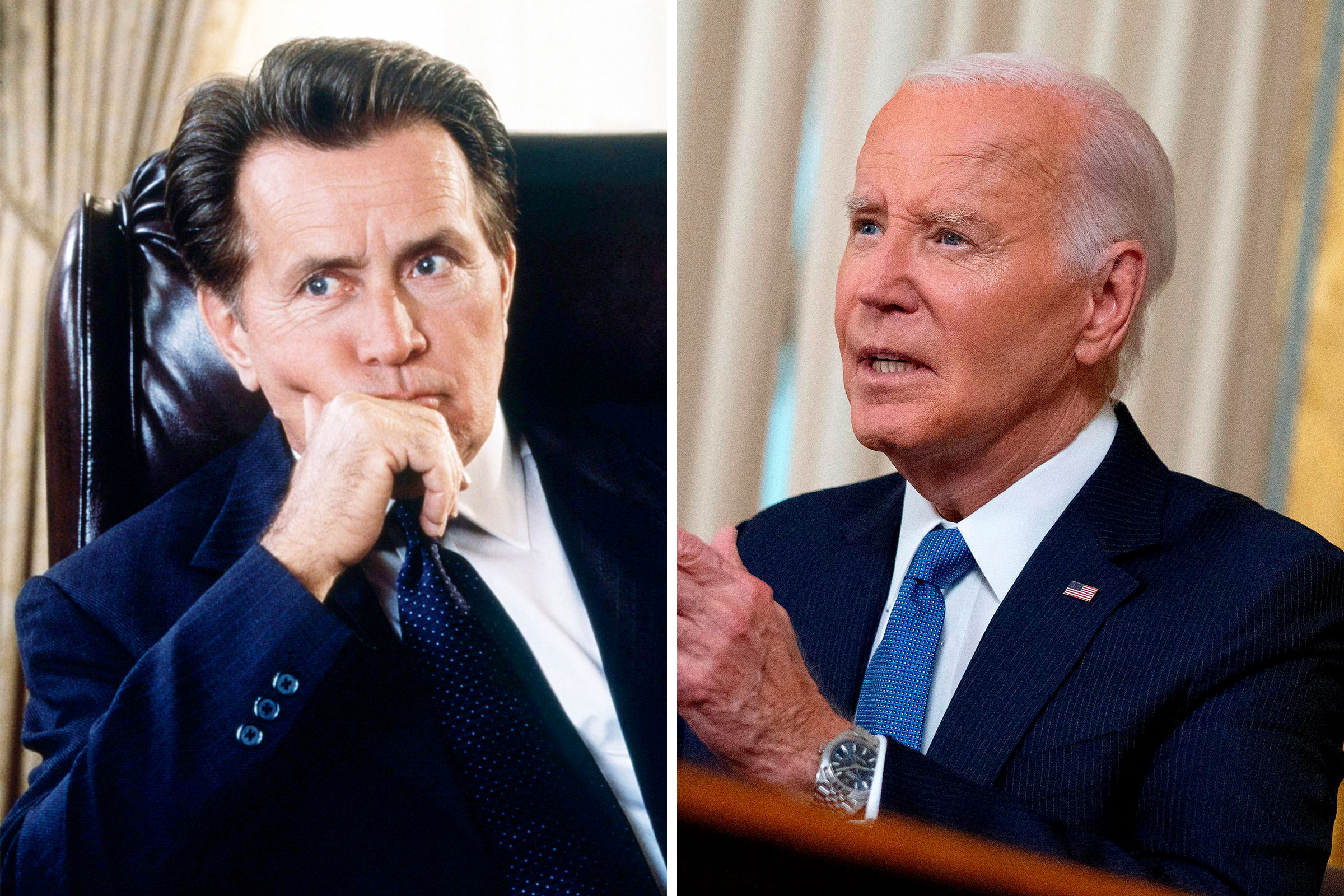 Martin Sheen as President "Jed" Bartlet in The West Wing; President Joe Biden delivers a prime-time address to the nation in the Oval Office of the White House on July 24, 2024.