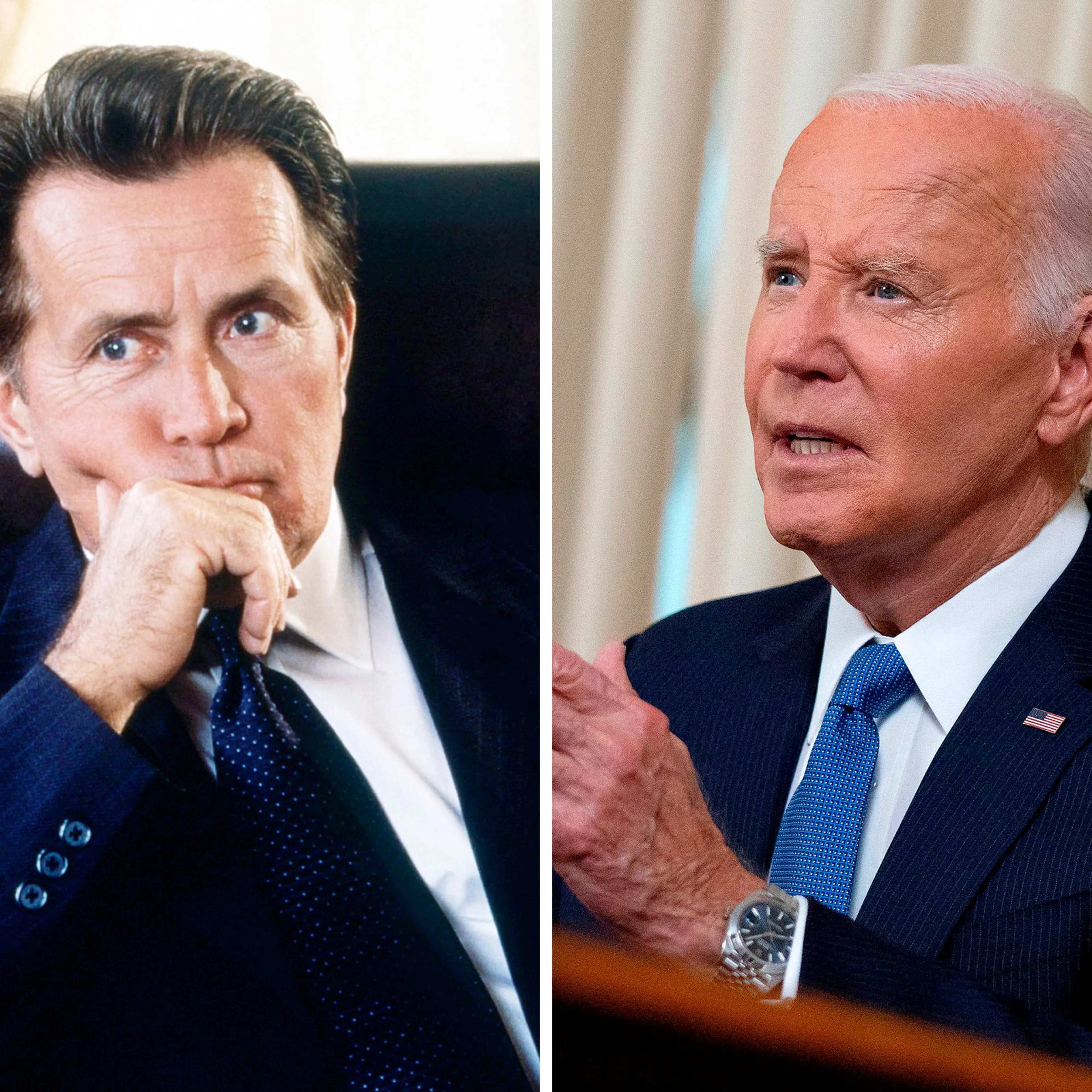 Martin Sheen as President "Jed" Bartlet in The West Wing; President Joe Biden delivers a prime-time address to the nation in the Oval Office of the White House on July 24, 2024.