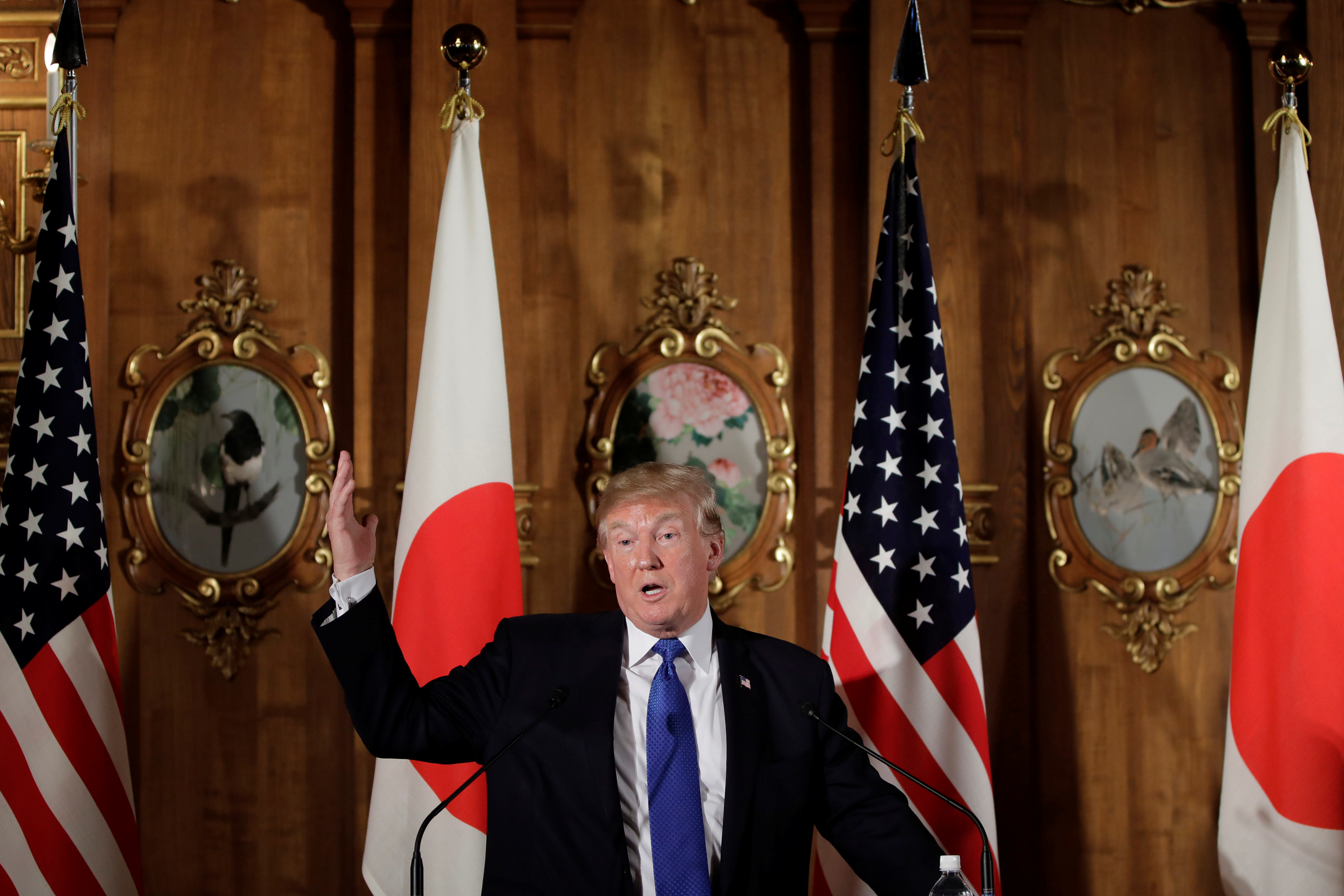 U.S. President Donald Trump speaks during a news conference with Shinzo Abe, Japan's prime minister, not pictured, at Akasaka Palace in Tokyo