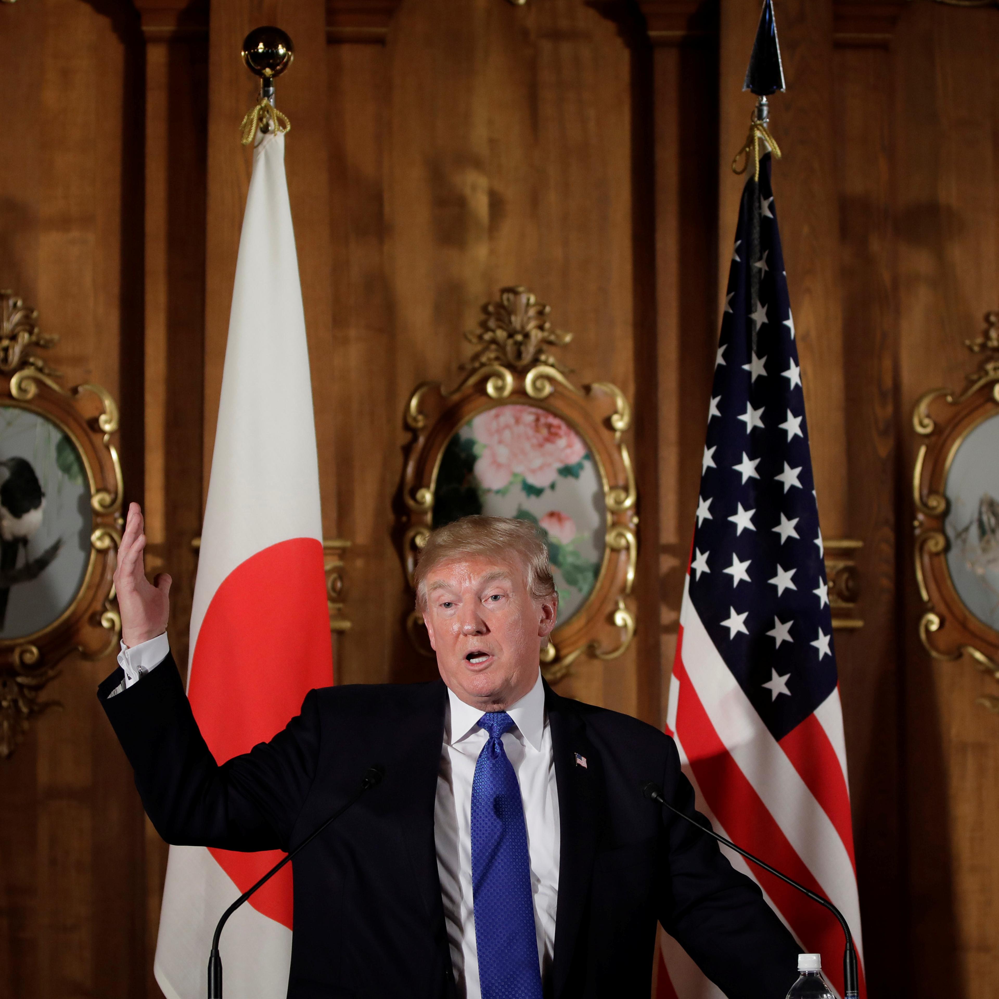 U.S. President Donald Trump speaks during a news conference with Shinzo Abe, Japan's prime minister, not pictured, at Akasaka Palace in Tokyo