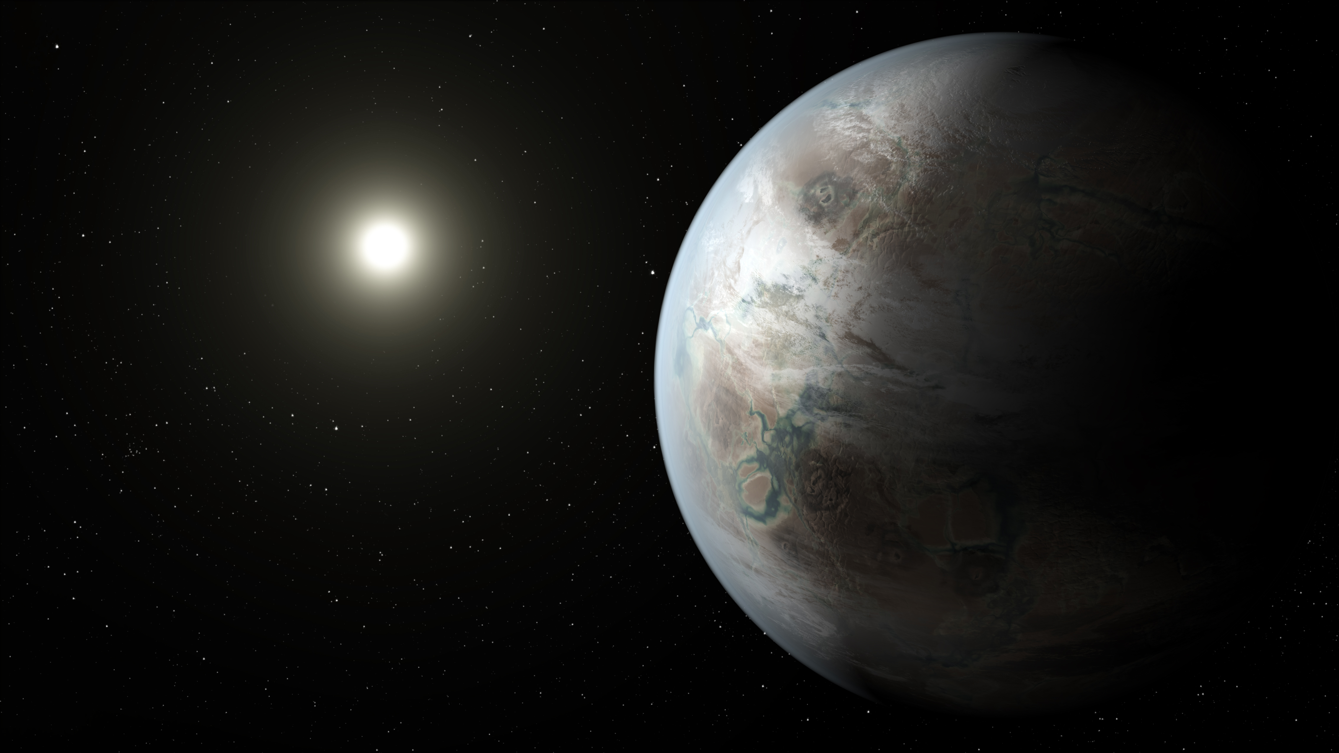 This artist's concept depicts one possible appearance of the planet Kepler-452b, the first near-Earth-size world to be found in the habitable zone of star that is similar to our sun.