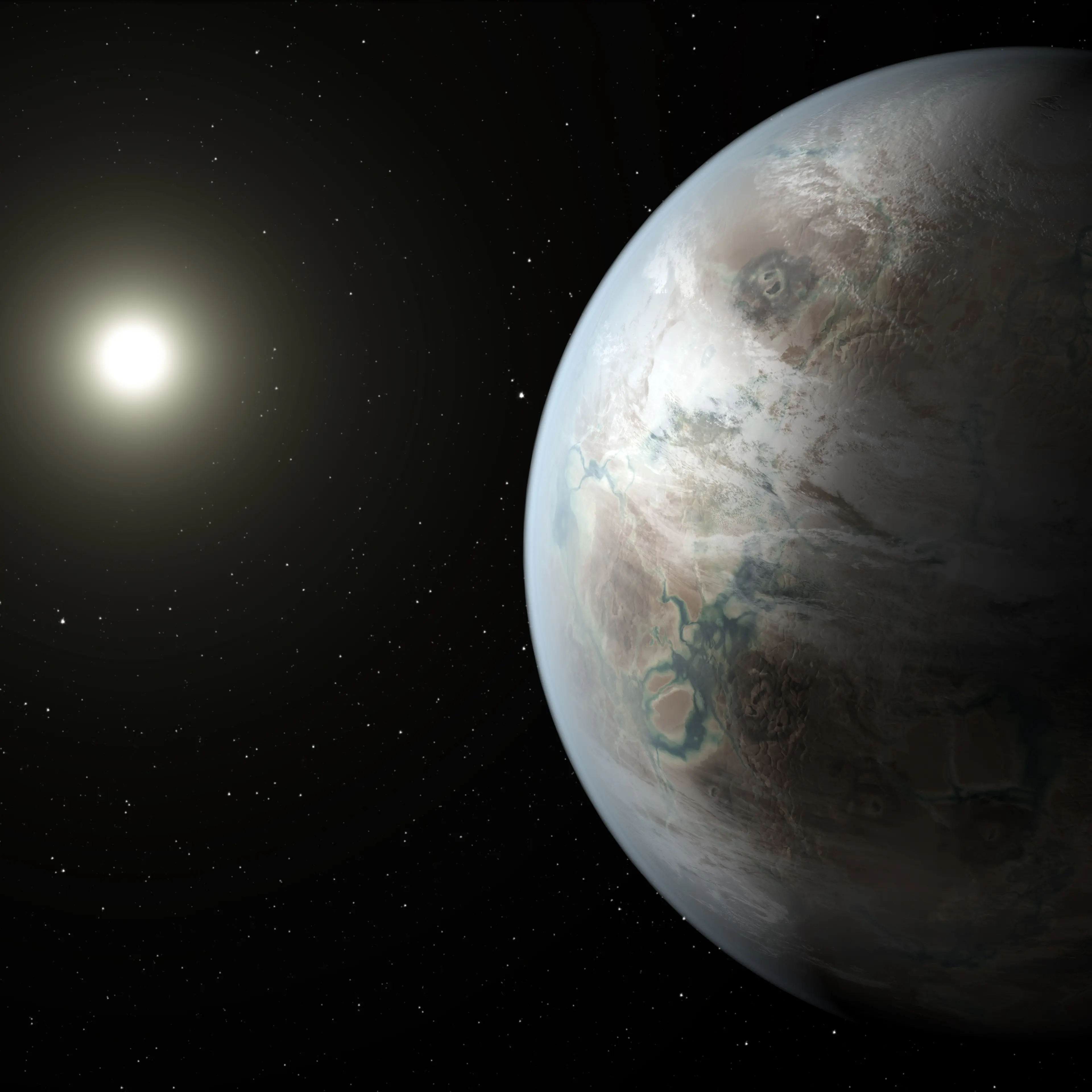 This artist's concept depicts one possible appearance of the planet Kepler-452b, the first near-Earth-size world to be found in the habitable zone of star that is similar to our sun.