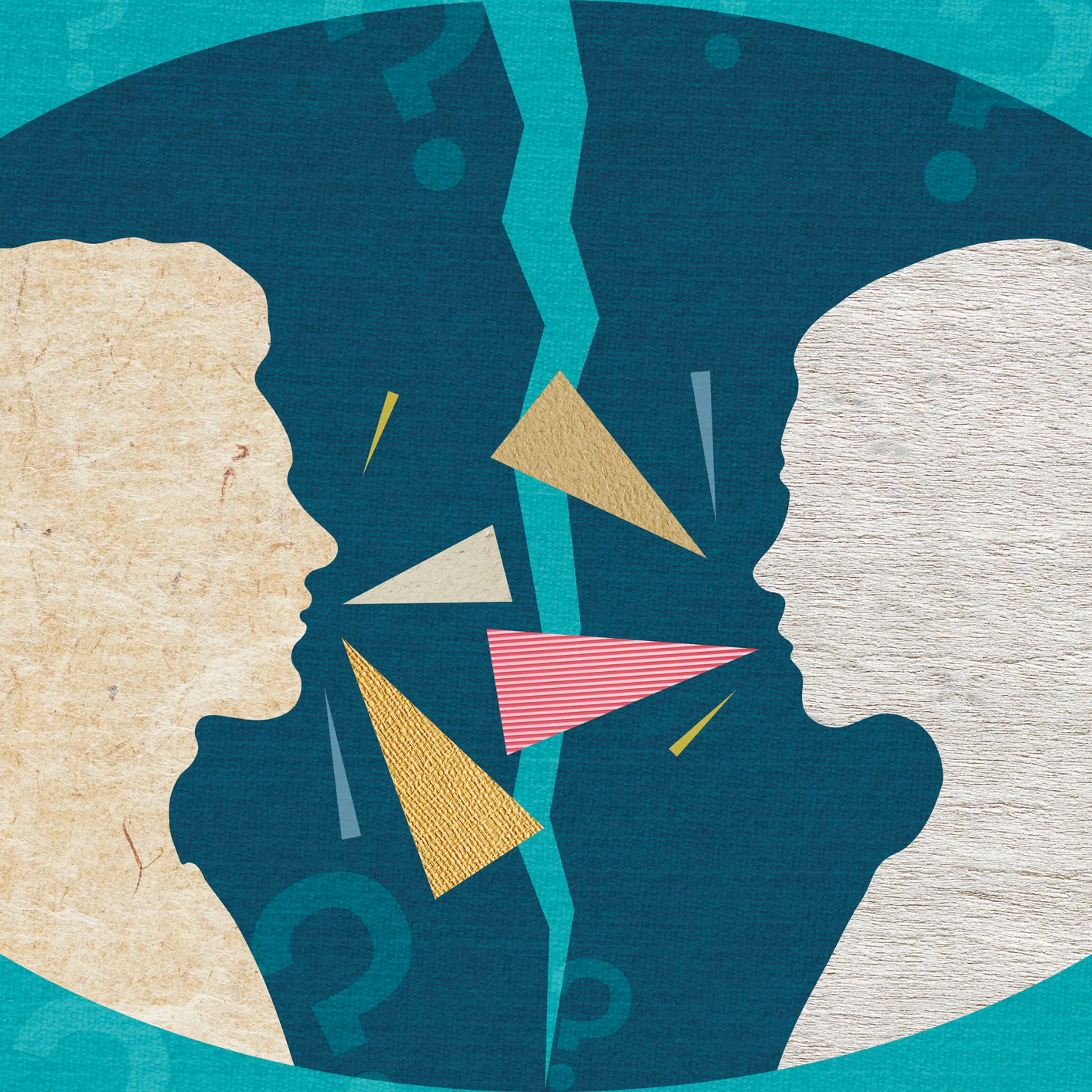 A couple talking to one another with a split between them