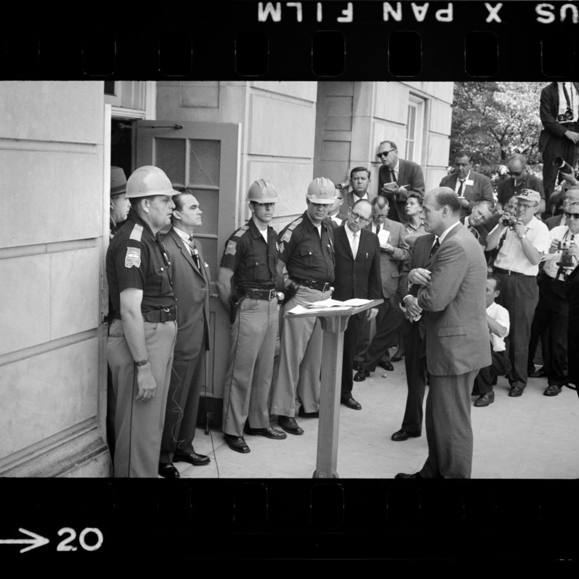 Governor George Wallace attempting to block Integration being confronted by Deputy US Attorney General Nicholas Katzenbach