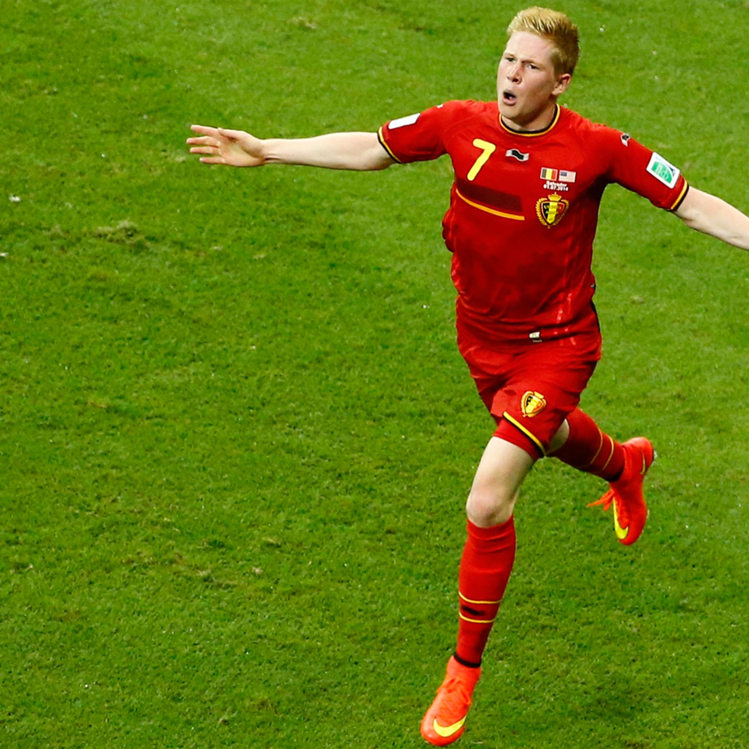 Belgium's Kevin De Bruyne celebrates scoring a goal against the U.S. during extra time in their 2014 World Cup round of 16 game at the Fonte Nova arena, July 1, 2014.