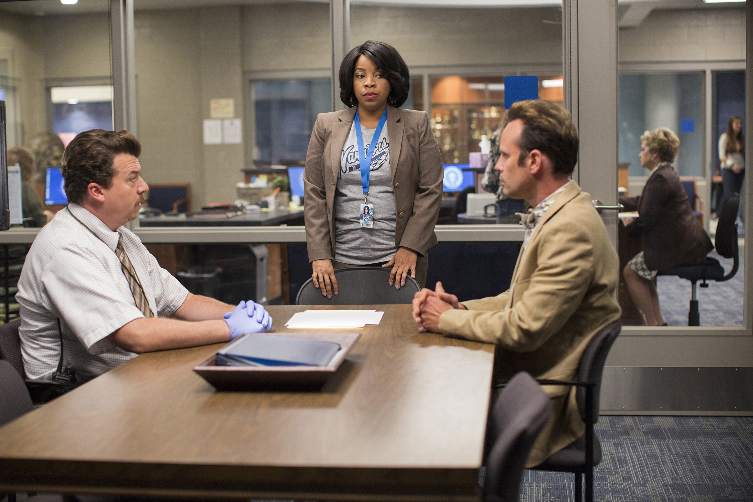 Danny McBride, Kimberly Hébert Gregory, Walton Goggins on set of "Vice Principals"