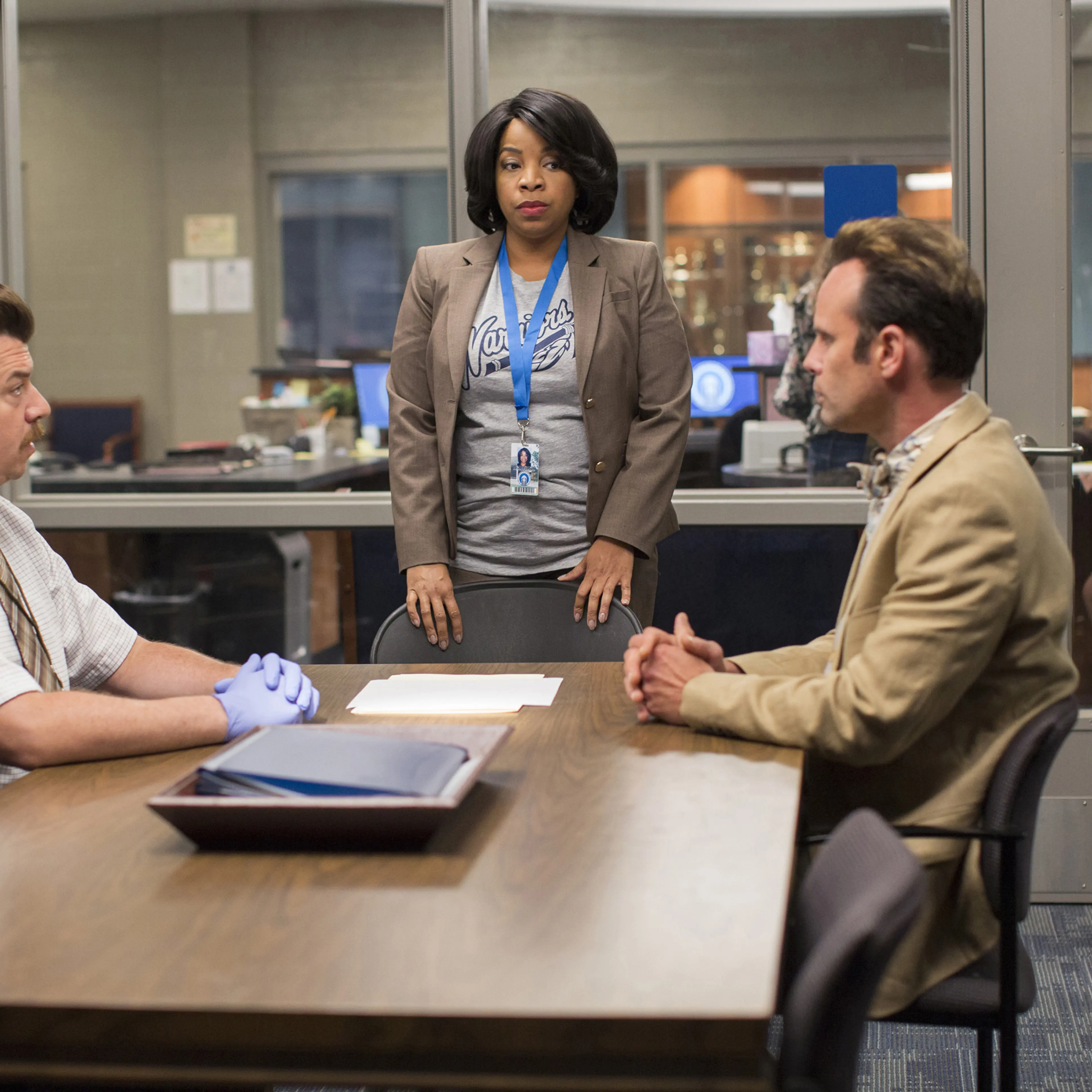 Danny McBride, Kimberly Hébert Gregory, Walton Goggins on set of "Vice Principals"
