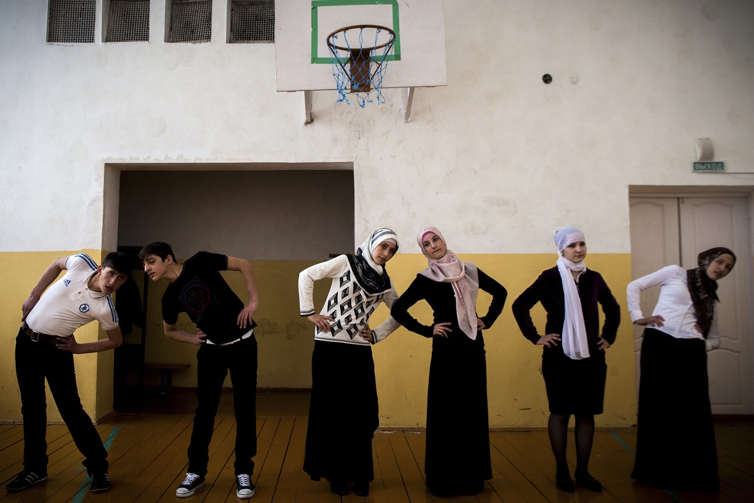 Gym class at School No 1 in the Chechen village of Serzhen-Yurt. The schoolgirls, all dressed in skirts with their heads wrapped in headscarves, say gym clothes violate Muslim dress code.
